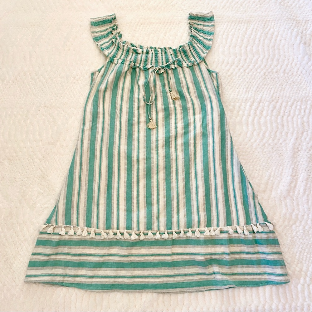 COVERSTITCHED Cotton Sleeveless Tassel Shift Dress Womens L Coastal Beach Summer